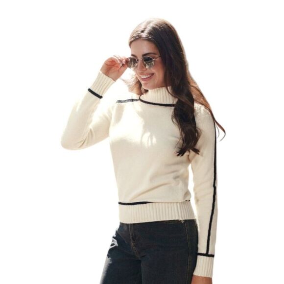 Apricot Colorblock Long Sleeve Turtleneck Women Small Knit Sweater Knit Pullover - Picture 2 of 9